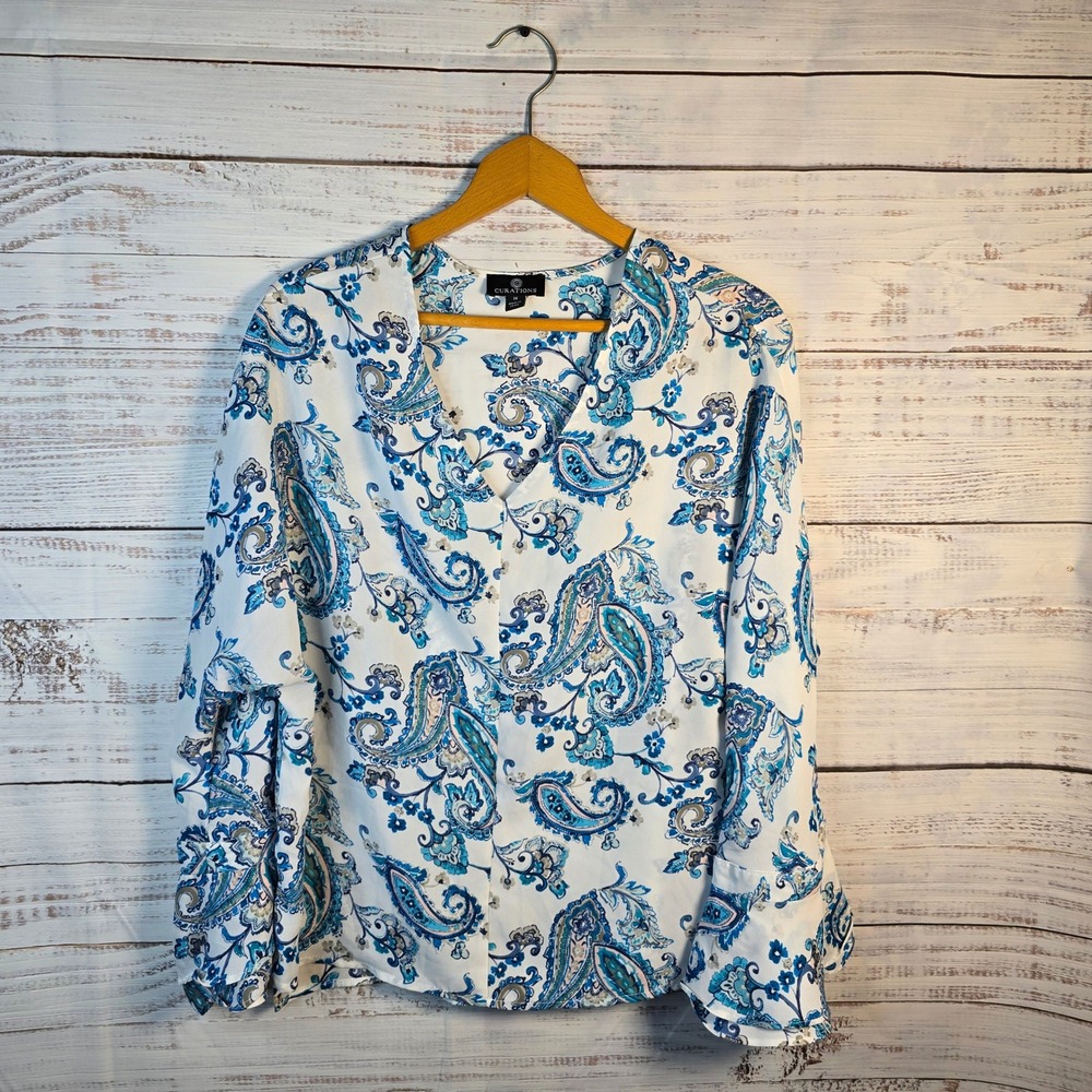 Curations 1X Blue‎ Paisley Boho Bell Sleeve Blouse Plus Size Rayon Top